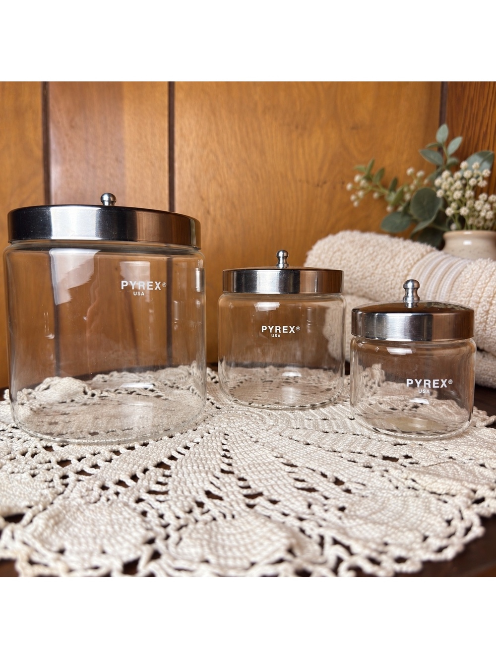 Vintage Apothecary Jars Pyrex Glass Canister Set of 3 With Metal Lids
